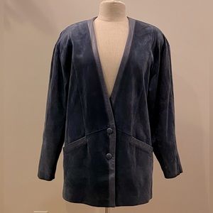Friitala Womens Blue Suede Cardigan w Blue Leather Trim / Size 10